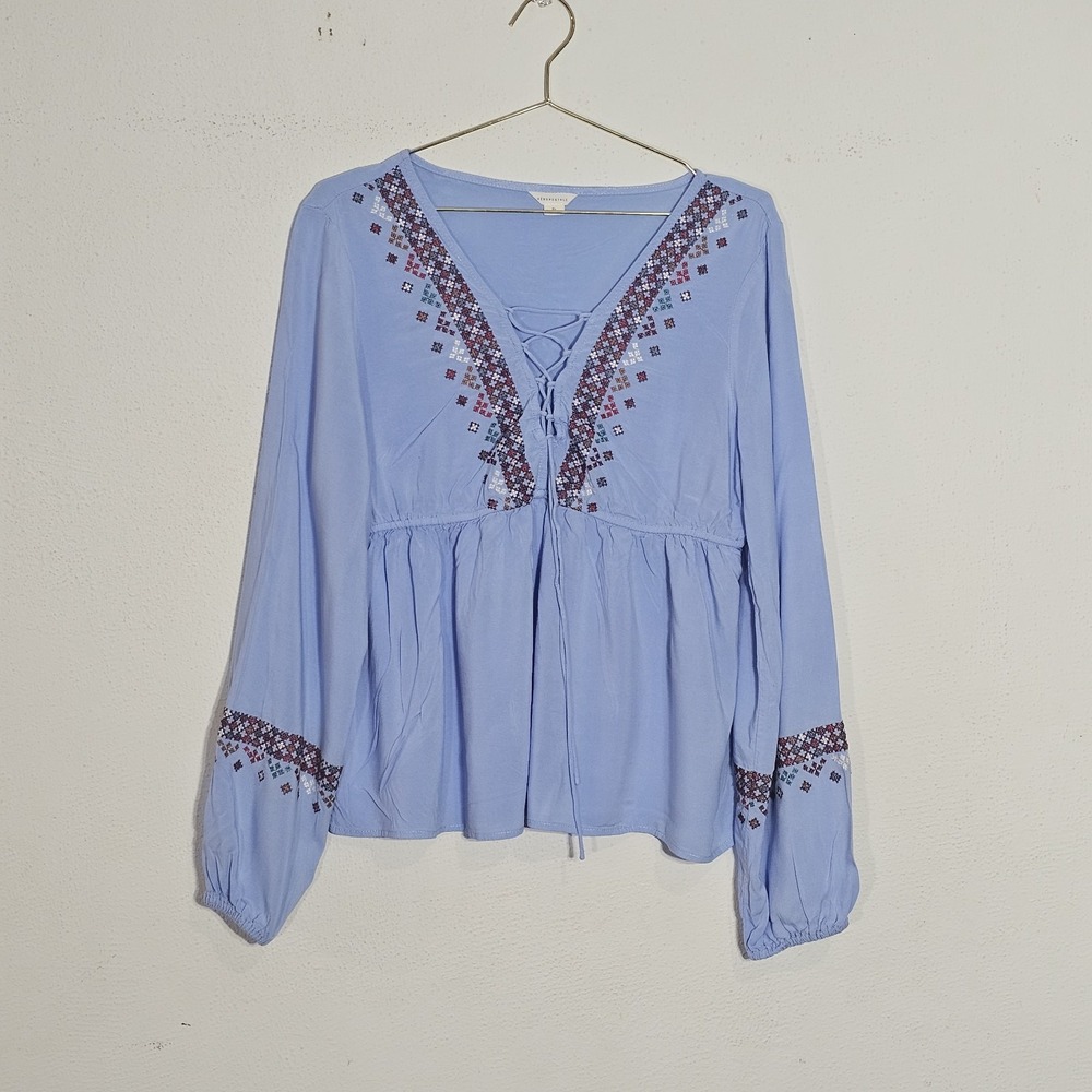 Aeropostale Womens Top Babydoll Blue With Embroidery Sz XL Lace Up Front